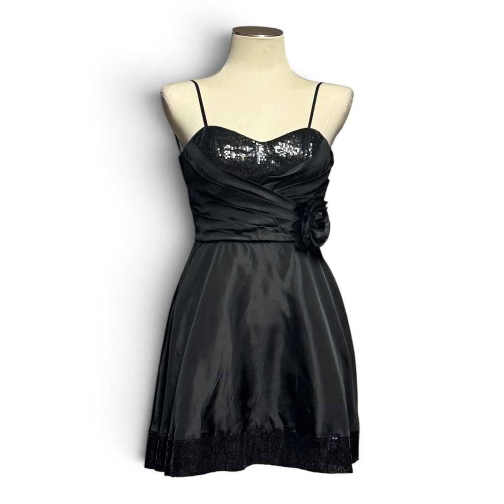 Roberta Satin Sequin Fit & Flare Mini Cocktail Party Dress Black Small
